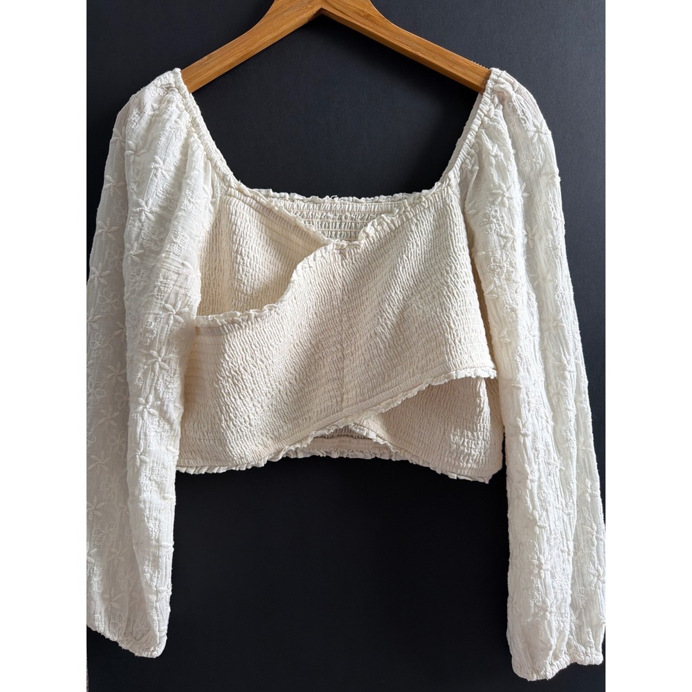 American Eagle Cream Smocked Embroidered Sleeve Crop Top Square Neck Crossover